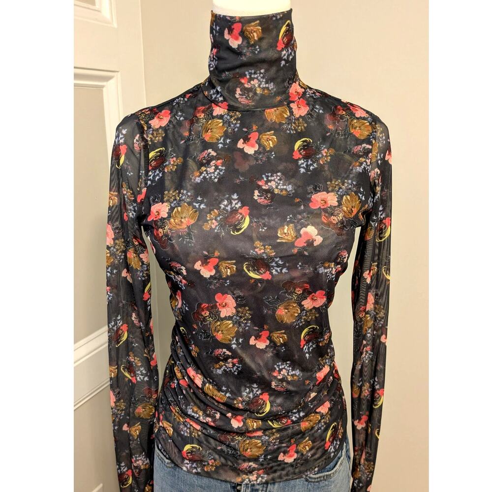 Cinq a Sept Black Floral Semi Sheer Mesh Turtleneck Top